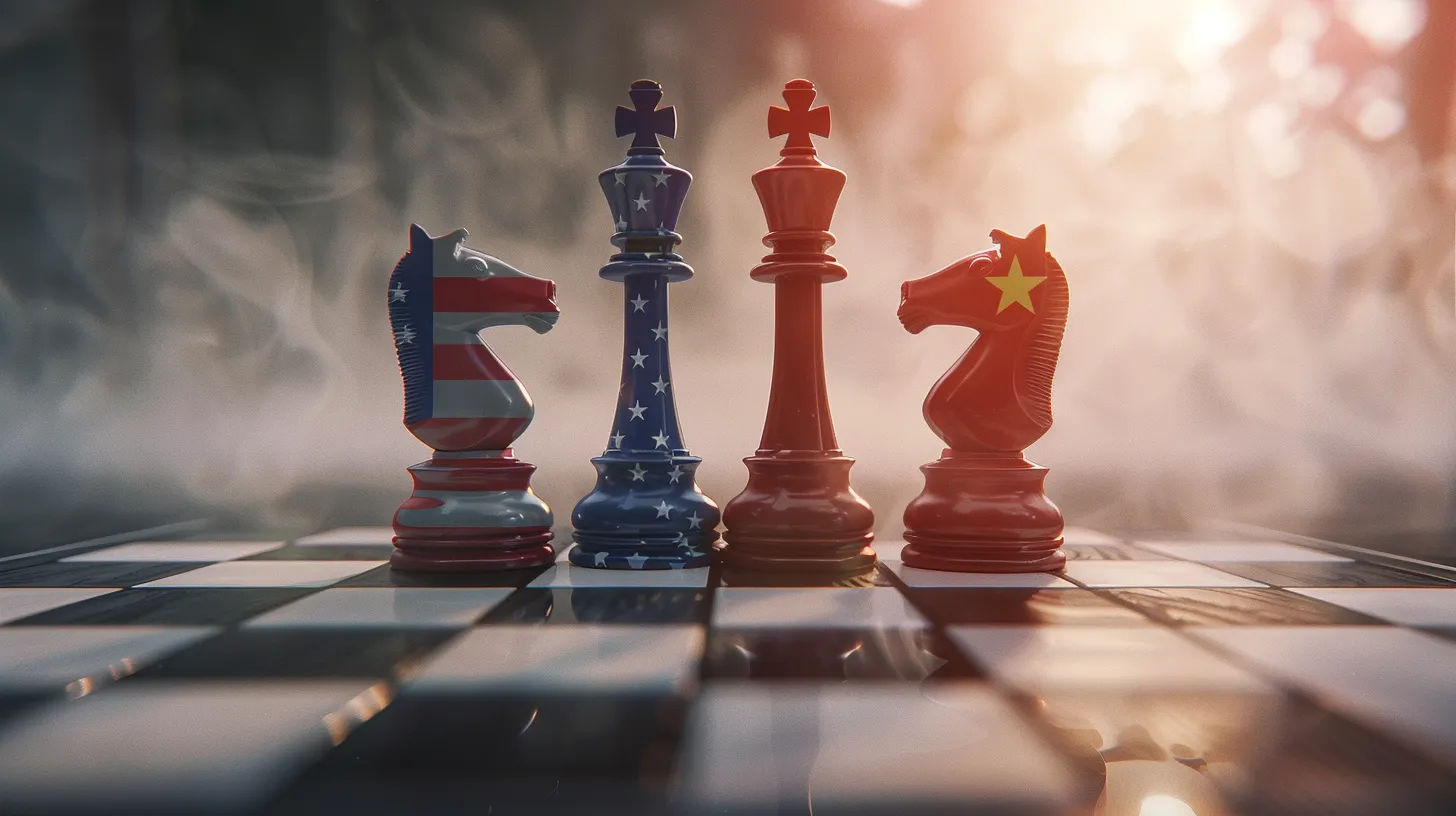 Abstract visualization of US and China flags merged with AI circuit patterns